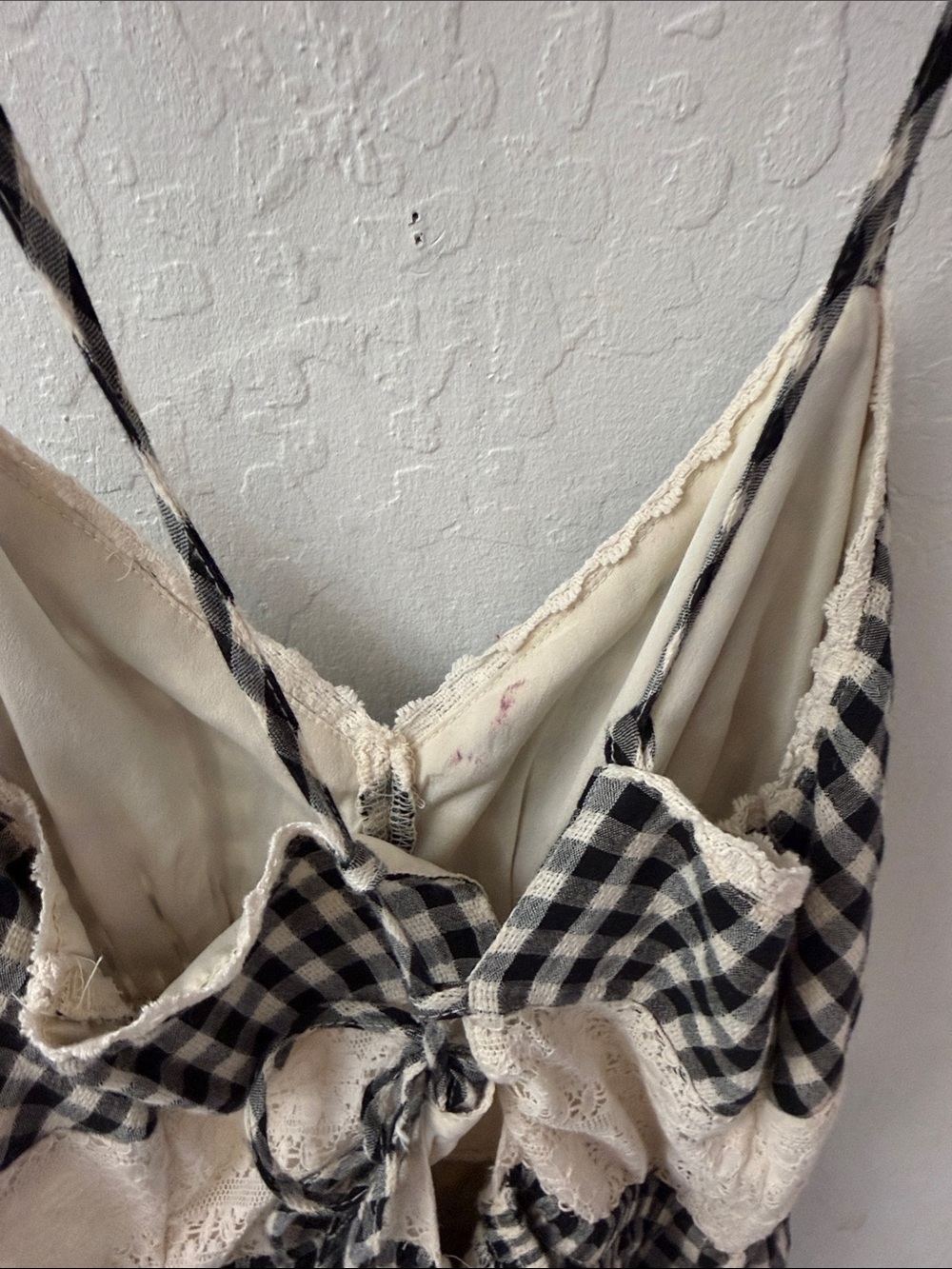 American Eagle Plaid Black Gingham Sundress Midi Tiered Lace Cottage Core M - Picture 5 of 7